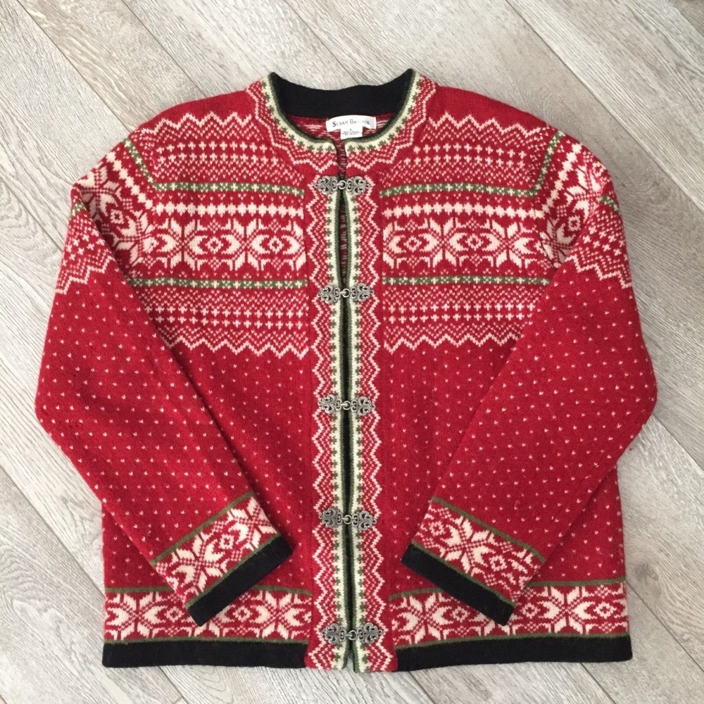 Susan Bristol Women Wool Cardigan Sweater Nordic Fair Isle Metal Clasps Hooks Lg